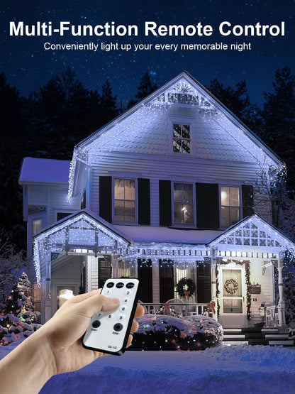 ROSCOO 32.8FT Icicle Lights, Christmas Outdoor with 400LED 75 Drops, IP65 Waterproof Eaves Lights, 8 Modes, for Christmas Eaves Garden Room Decoration Cool White
