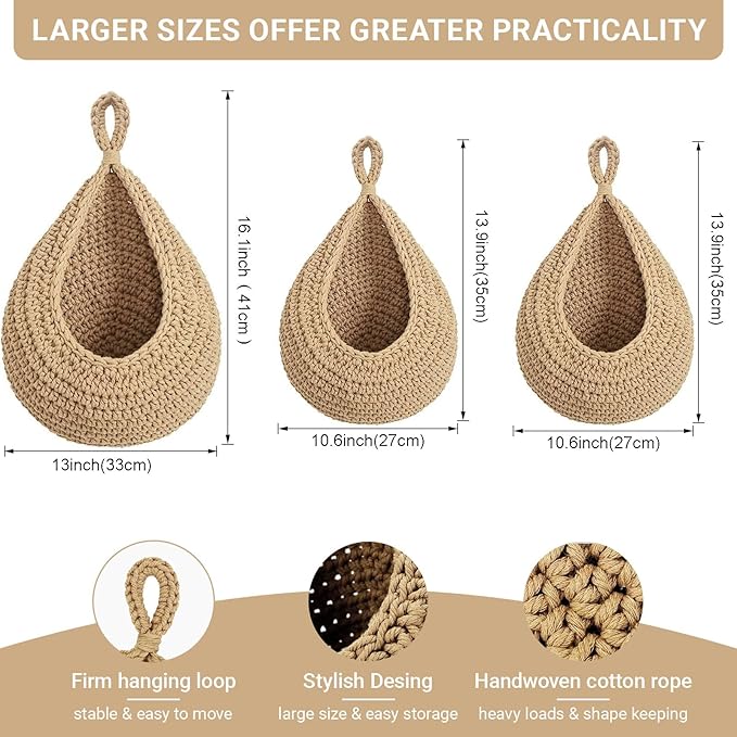 Halidali Hanging Fruit Baskets for Kitchen, 3 Pack Boho Cotton Rope Handwoven