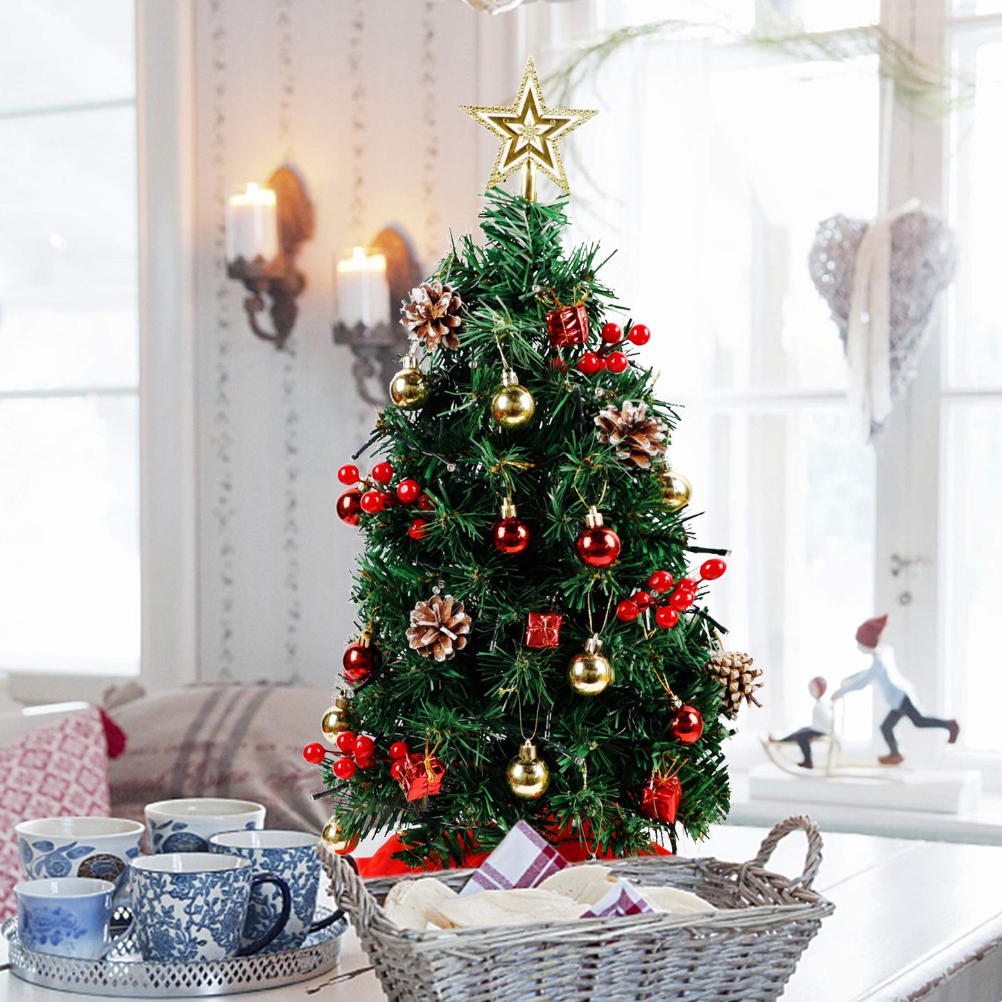 Blissun 2Ft Mini Christmas Tree, Artificial Christmas Pine Trees, Tabletop Xmas Tree, Mini Christmas Pine Tree with LED Lights, Star Tree Topper and Christmas Ornaments for Christmas Table Decorations