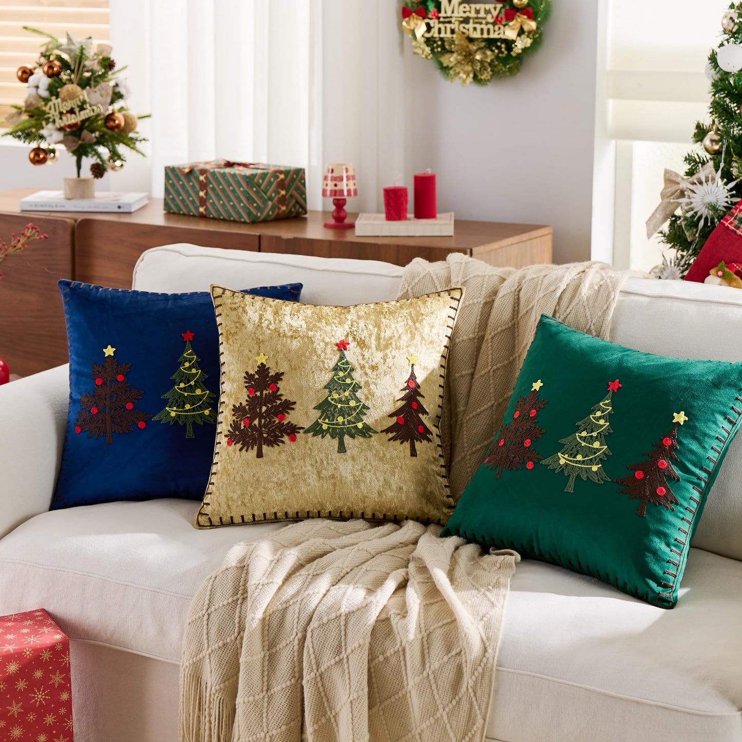 KINDREX Christmas Tree Throw Pillow Covers 18x18 Set of 2 Winter Holiday Decorative Navy Blue Embroidered Luxurious Soft Velvet Accent Pillowcase for Sofa Couch Bed Living Room Festivals Home Decor
