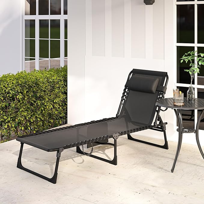 Outsunny Chaise Lounge Chair Outdoor, 5-Position Adjustable Sun Tanning Chair with Carrying Handle and Side Pocket, Folding Bed Cot with Removable Pillow for Garden, Beach, Patio, Pool, Camp, Black