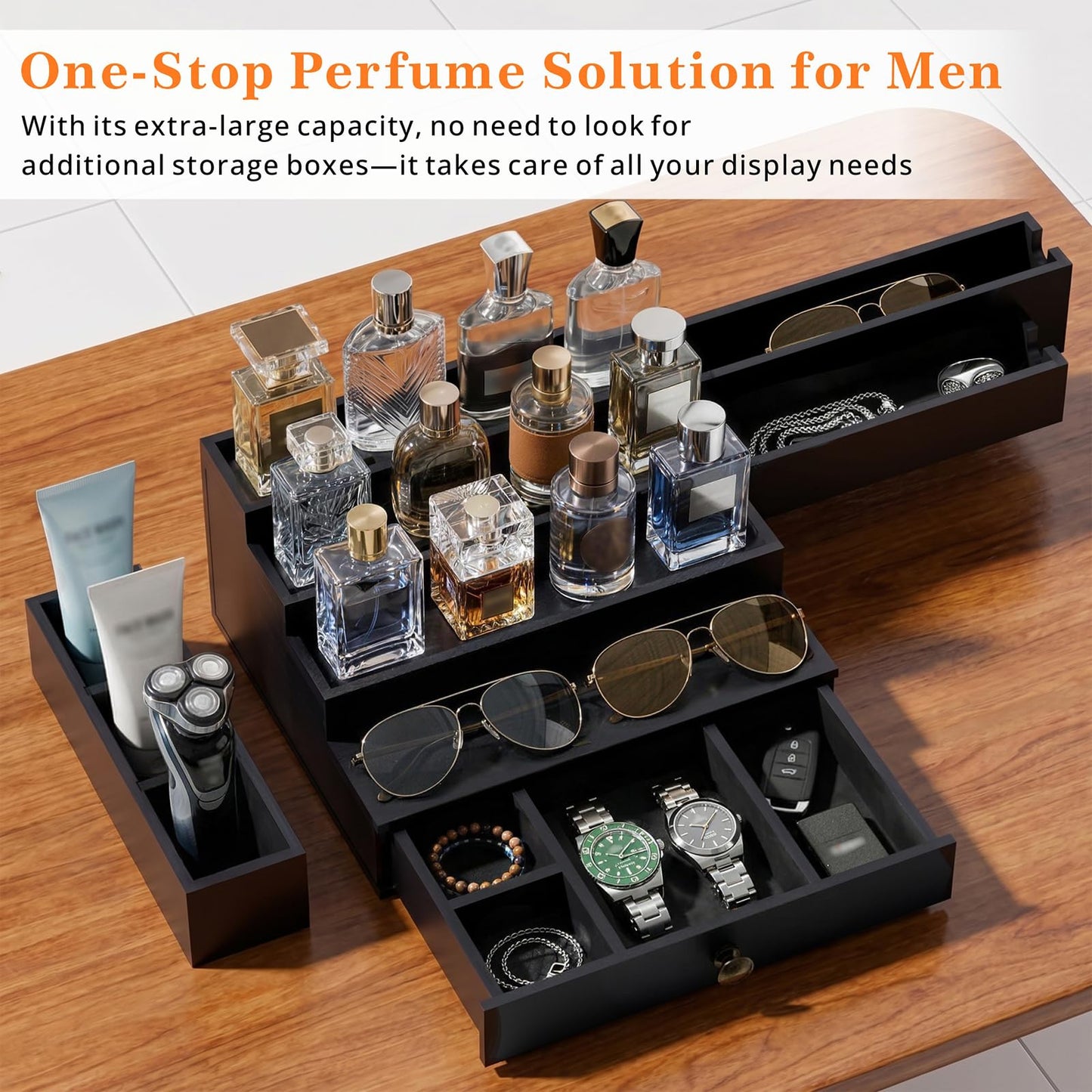 Aollewoiti Cologne Organizer for Men, 4-Tier Wooden Perfume Stand with 3 Velvet Lining Drawers, Large Capacity Perfume Display, Black Fragrance Storage Shelf for Dresser, Mens Gift for Birthday Father's Day