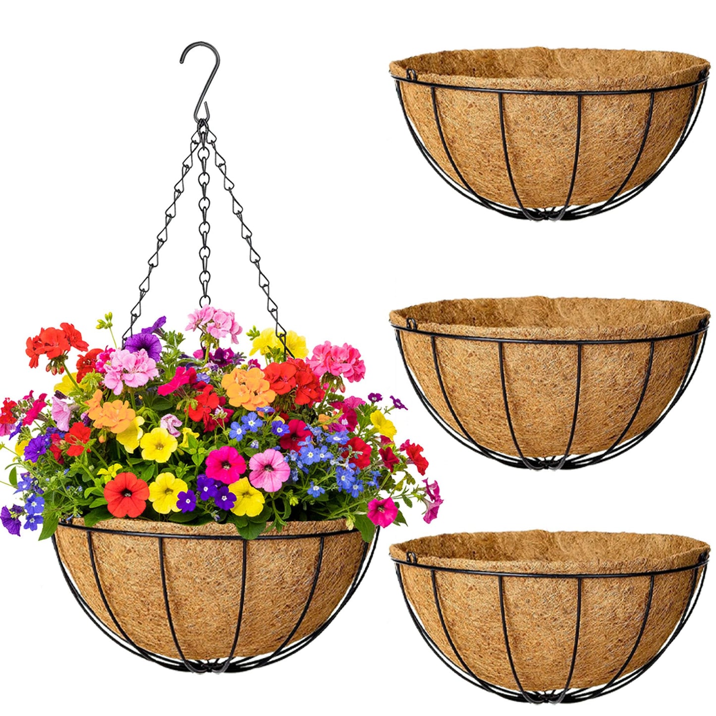 SMYAXUNW 4 Pack Hanging Planters 14 Inch Metal Hanging Planter Basket Flower Pots with Coco Coir Liners Round Wire Plant Holder with Chain for Indoor Outdoor Patio Porch Garden Decoration（XG）