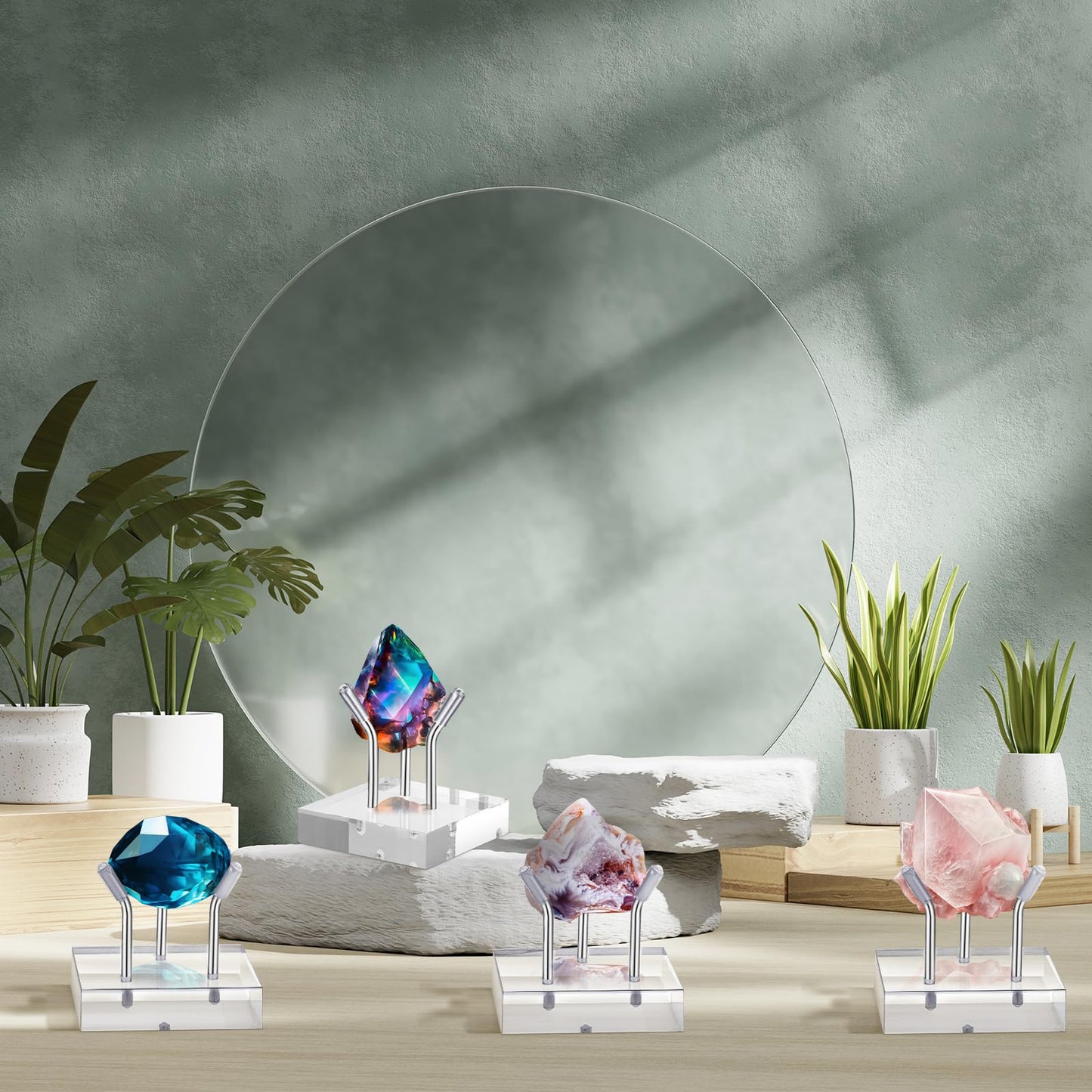 Weysat 4 Pack Clear Acrylic Display Stand, Metal 3 Peg Rock Display Easel Stands for Fossil Coral Crystal Geodes Rock Mineral Agate Small Collectibles Acrylic Holder