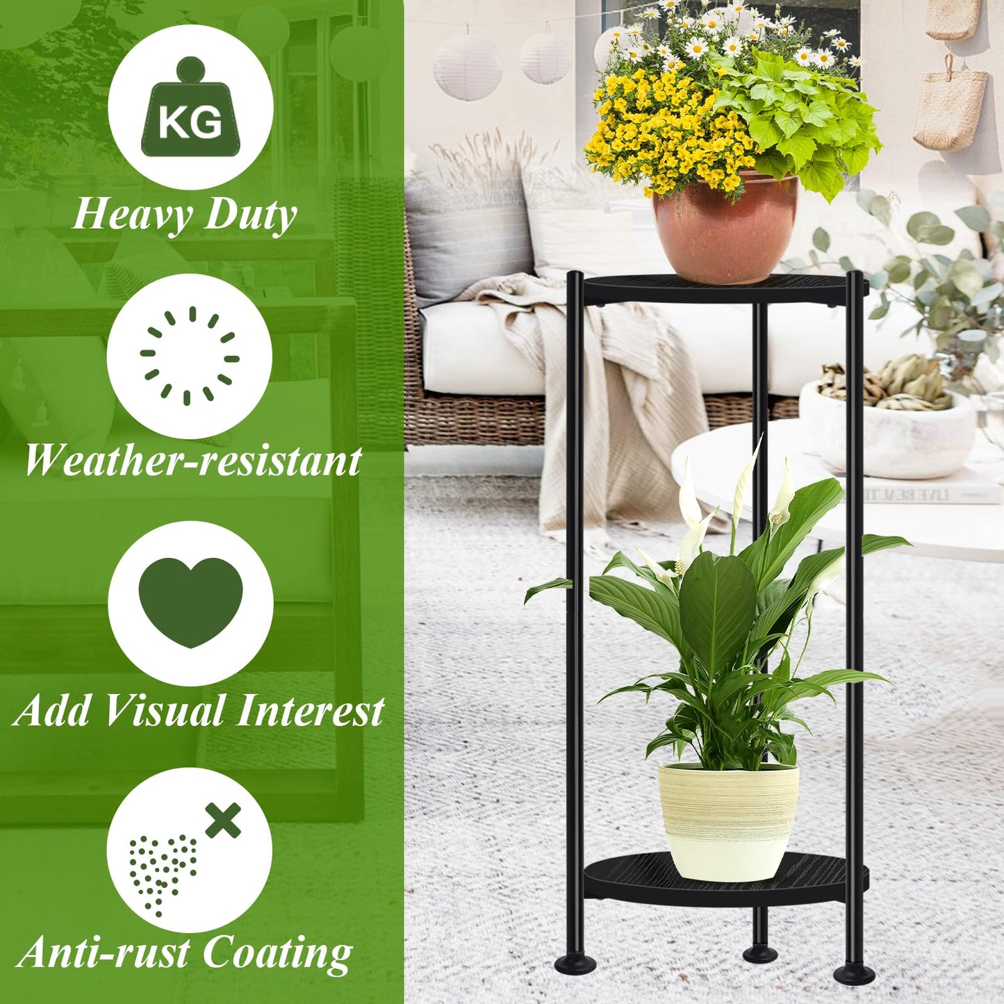 Lilybud--lily Plant Stand Indoor Outdoor, 30'' Tall Plant Stands for Indoor Plants, Heavy Duty Indoor Plant Shelf, 2 Tier Display Rack for Living Room, Balcony, Deck, Black