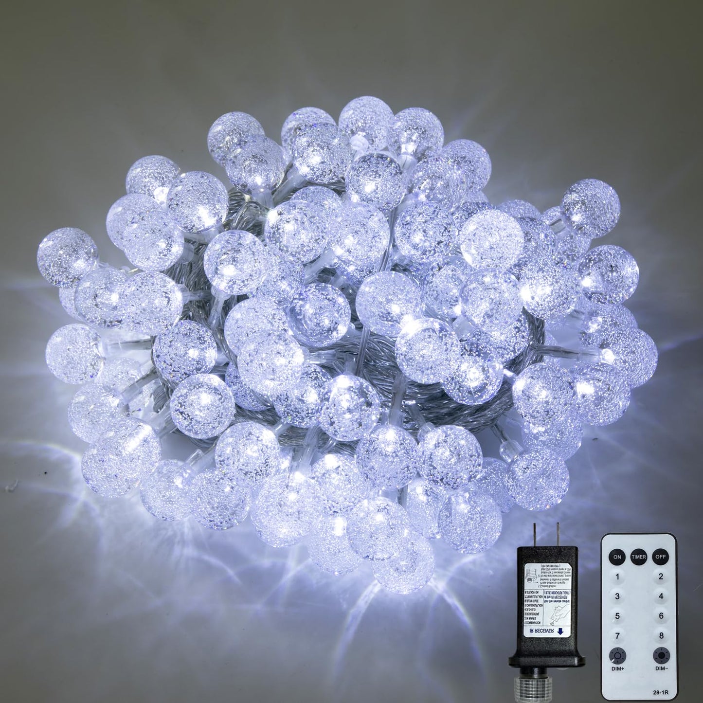 Ogrmar 49 ft 100 LED Globe Ball String Lights 8 Modes Crystal Bubble Ball String Lights with Remote, Timer Function & Connectable for Indoor Outdoor Wedding Christmas Tree Garden Decor (100, White)