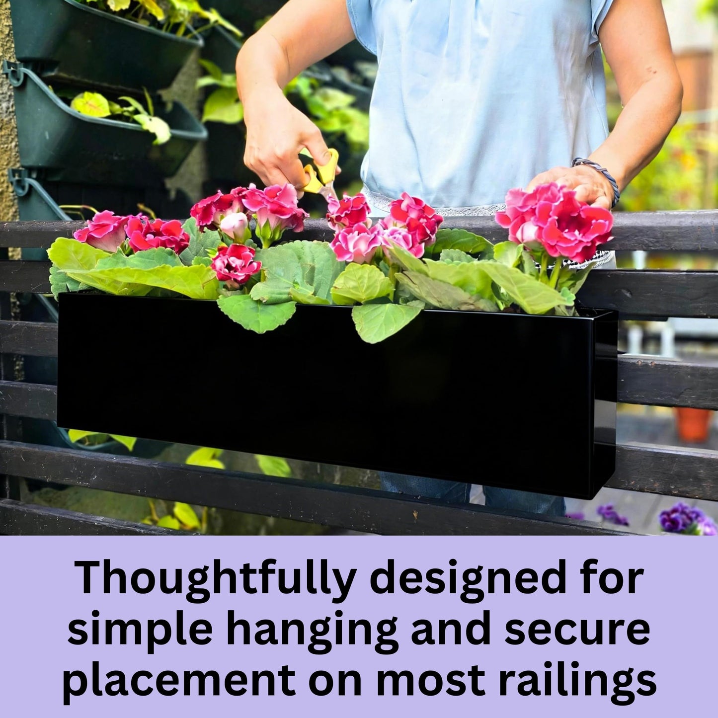 LaLaGreen Railing Planter Box (30 Inch, 2 Pack) Large Black Metal Rectangular Hanging Flower Boxes with Brackets, Planters for Outdoor Deck Railings Fence Balcony Patio Porch Over Rail Garden Decor