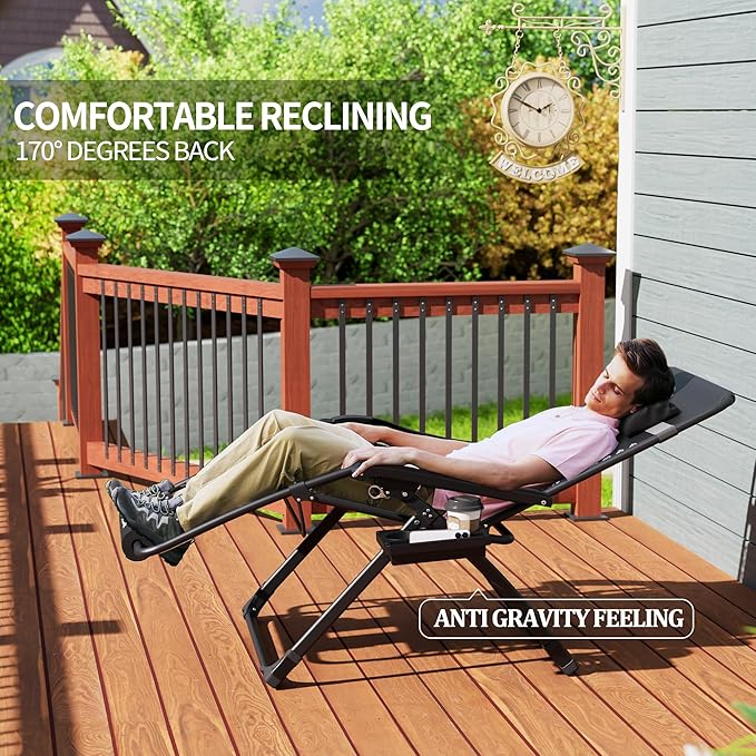 UDPATIO Oversized Zero Gravity Chair Set of 2, 33In XXL Patio Reclining Chair with Cushion, Outdoor Folding Recliner with Pillows|Cup Holder|Foot Rest|Padded Headrest, Black, Support 500LB