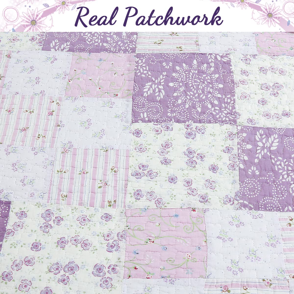 Cozy Line Home Fashions 100% Cotton Hand Pieced Real Patchwork Floral Scalloped Edge Country Quilt Bedding Set, Reversible Coverlet Bedspread for All Seasons (Love of Lavender, Queen - 3 piece)