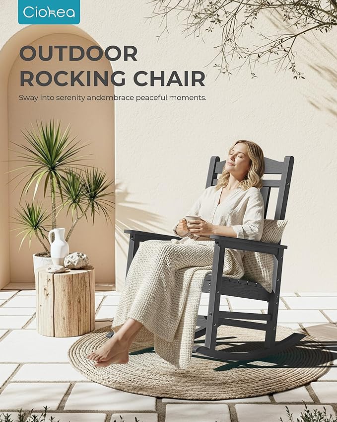 Ciokea Oversized Outdoor Rocking Chair, 380lbs Heavy-Duty Large Patio Rocker, Weather Resistant & Anti-Fade Porch Chair, High Back Cozy Rocking Chair for Outside, Fire Pit, Deck, Garden, Dark Grey