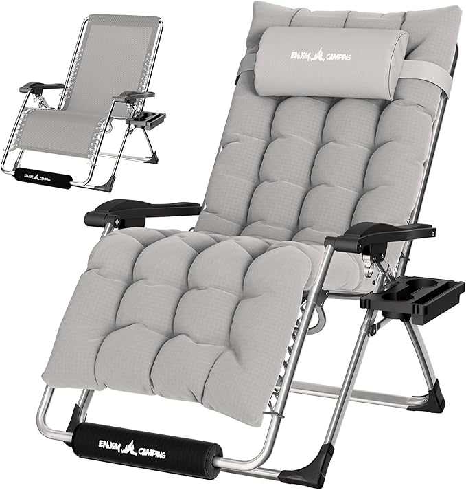 UDPATIO Oversized Zero Gravity Chair 29In XL Patio Reclining Chair with Cushion, Outdoor Folding Recliner with Pillows|Cup Holder|Foot Rest|Padded Headrest, Grey, Support 500LB