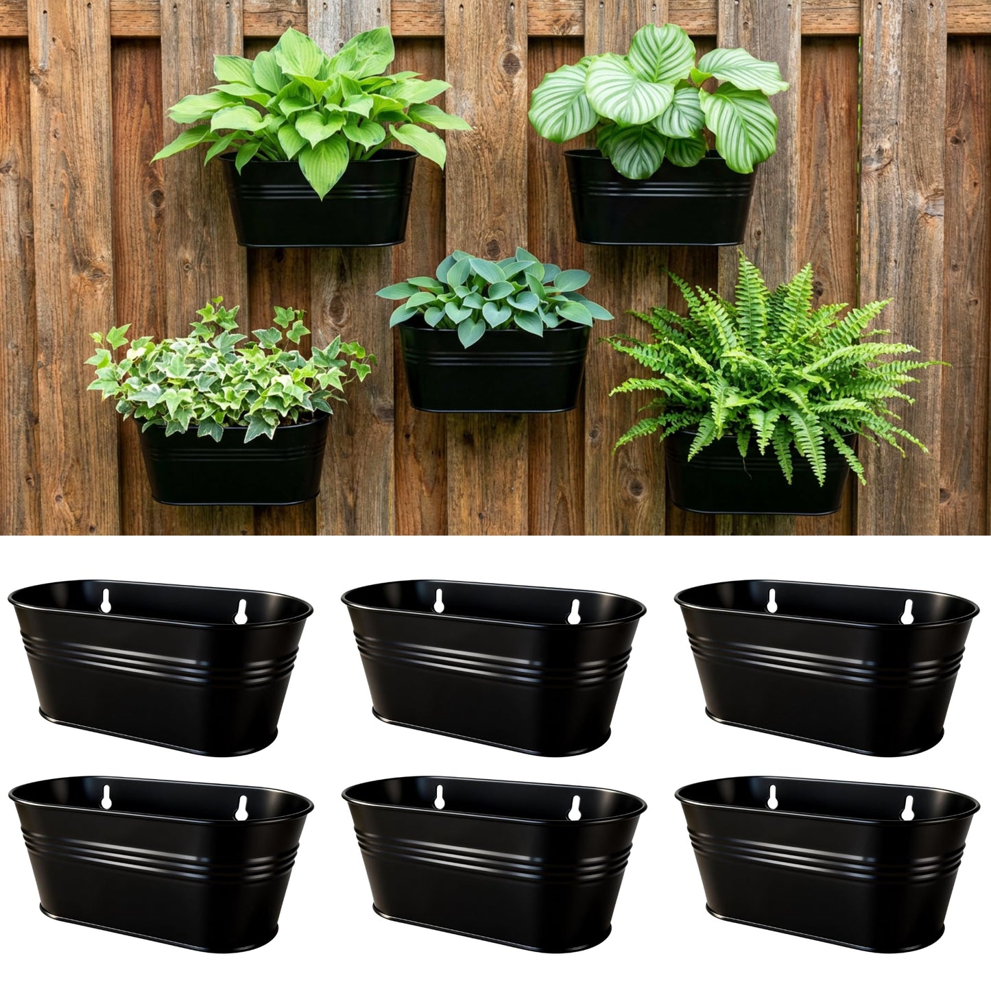 LaLaGreen Wall Planter (9.8 Inch, 6 Pack) Black Oval Metal Pot Hanging Decor Flower Railing Fence Pots Mounted Indoor Plant Holder Porch Decorations Drainage Garden Plants Planters Balcony Home Yard