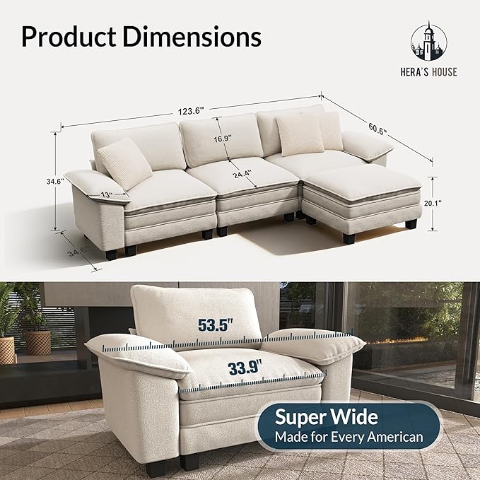 HERA'S HOUSE 124" Modular Sectional Sofa, Oversized L Shaped Couches