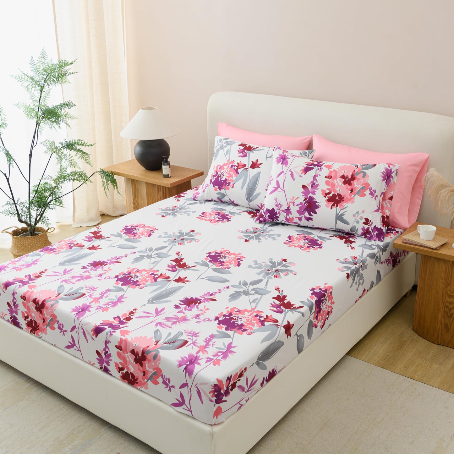 Spirit Linen Home 6-Piece Queen Size Bed Sheet Set - Deep Pocket, Floral Print Pattern, Soft and Breathable Bed Sheets, Microfiber Material, Includes 1 Fitted, 1 Flat, 4 Pillowcases - Grey/Pink Floral