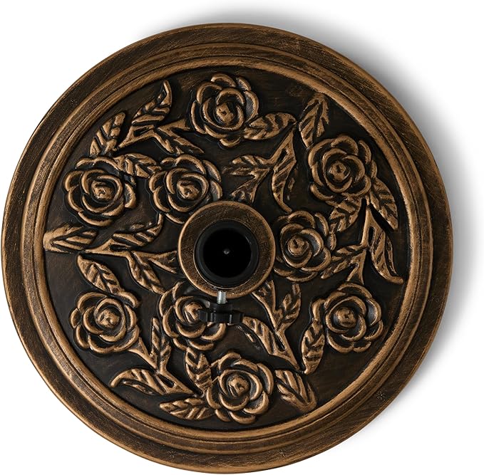 Backyard Expressions 20 lb Patio Umbrella Base Stand, Decorative Rose Medallion Antique Bronze Finish, Fits 1.5–1.9 in Poles w/Adapters, 18 in Round Weighted Outdoor Umbrella Holder for Deck & Table