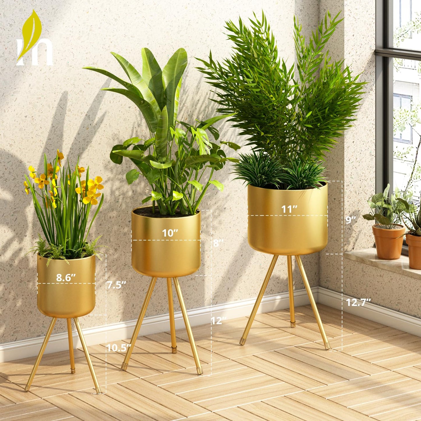 magarz Mid-Century Metal Flowerpot with Stands, Stylish Modern Floor-Standing Flowerpot,Suitable for Orchid, Aloe Indoor Outdoor Decoration 11'' Wide 21.7'' high (X-Large, Gold)