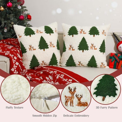 Lewondr Christmas Pillow Covers 18x18 inch, 2 Pack Christmas Throw Pillow Covers with Reindeer Embroidery, Soft Velvet Xmas Tree Pillows Cover for Living Room Couch Sofa Bed Home Decoration, Beige