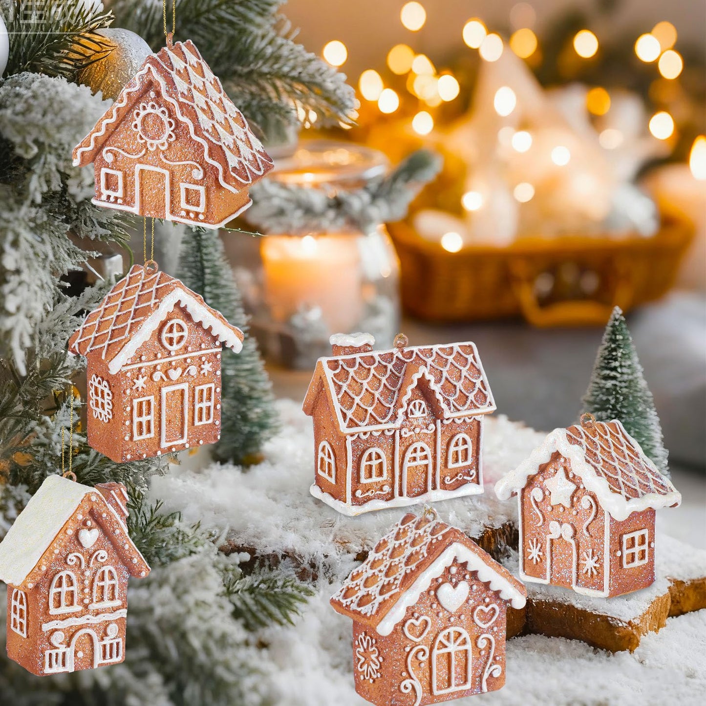 Weysat 6 Pcs Christmas Gingerbread House Ornament Glitter Christmas Tree Decorations Brown Gingerbread House Hanging Ornament for Xmas Tree Home Winter Party Decoration