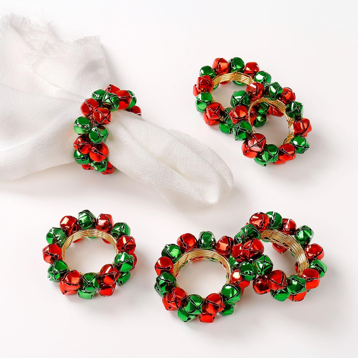 Getfitsoo Christmas Napkin Rings Set of 8, Bells Napkin Rings with Green and Red Bell Gold Buckles for Table Decor, Weddings, Parties