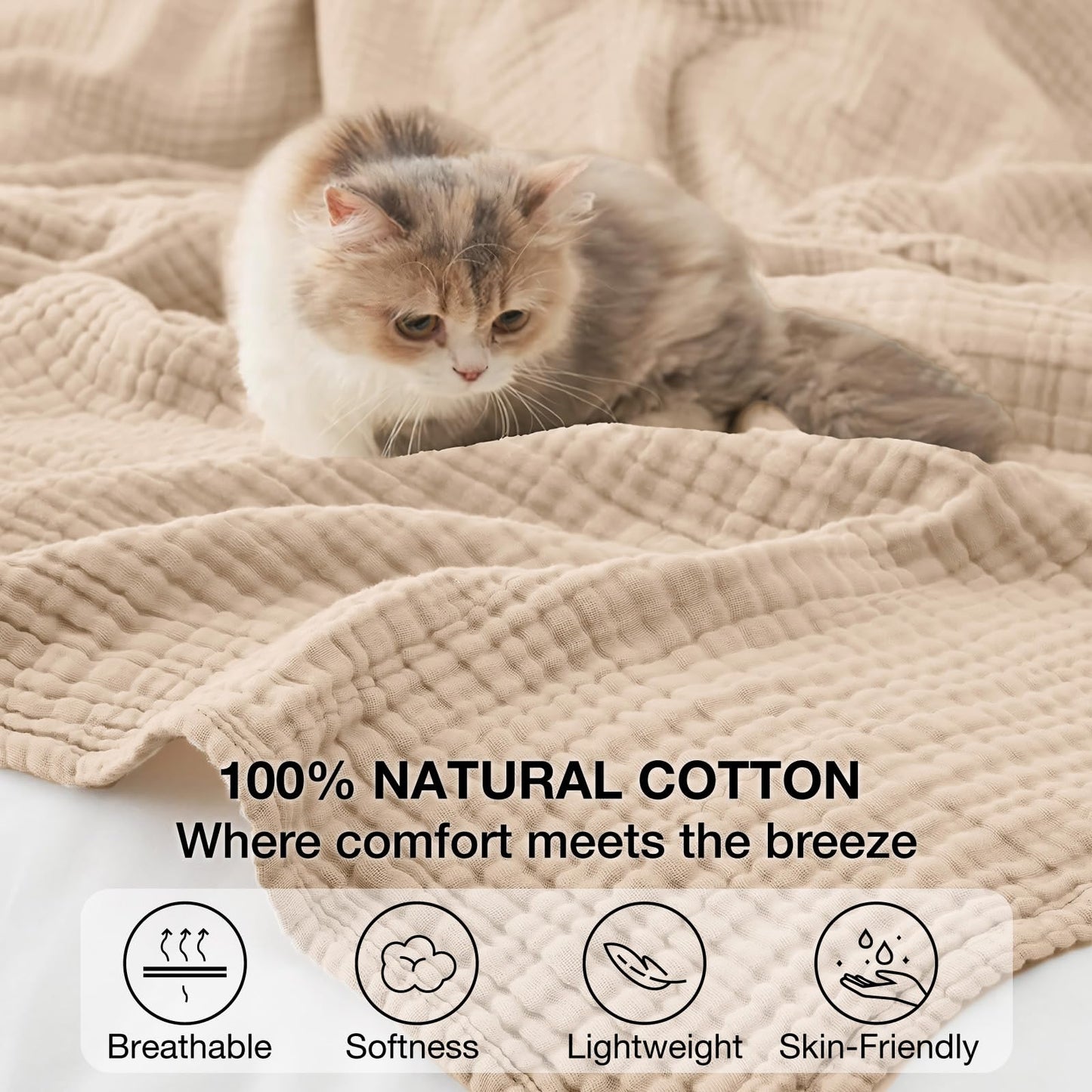 6 Layers Cotton Muslin Blankets Large, Lightweight Cotton Throw, Cooling Soft Throw Blanket for Year-Round Comfort, Breathable Quilt Bedspread, Gauze Weave Bedding for Adults, Oatmeal, Beige Linen
