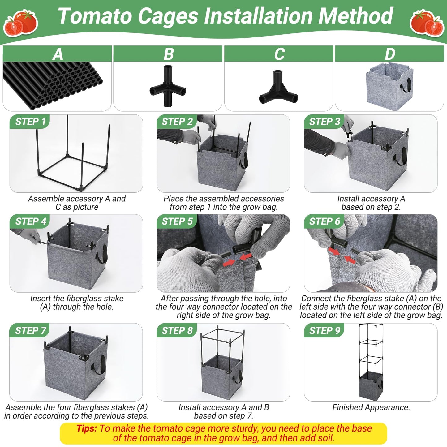 Qinzave 3 Pack Square Tomato Cages with Grow Bags, 42.5 Inch Stable Square Tomato Planter Support Stakes Kit for Garden, Tomato Cages Trellis Pots for Spring Climbing Vegetables Fruits Vines Flowers