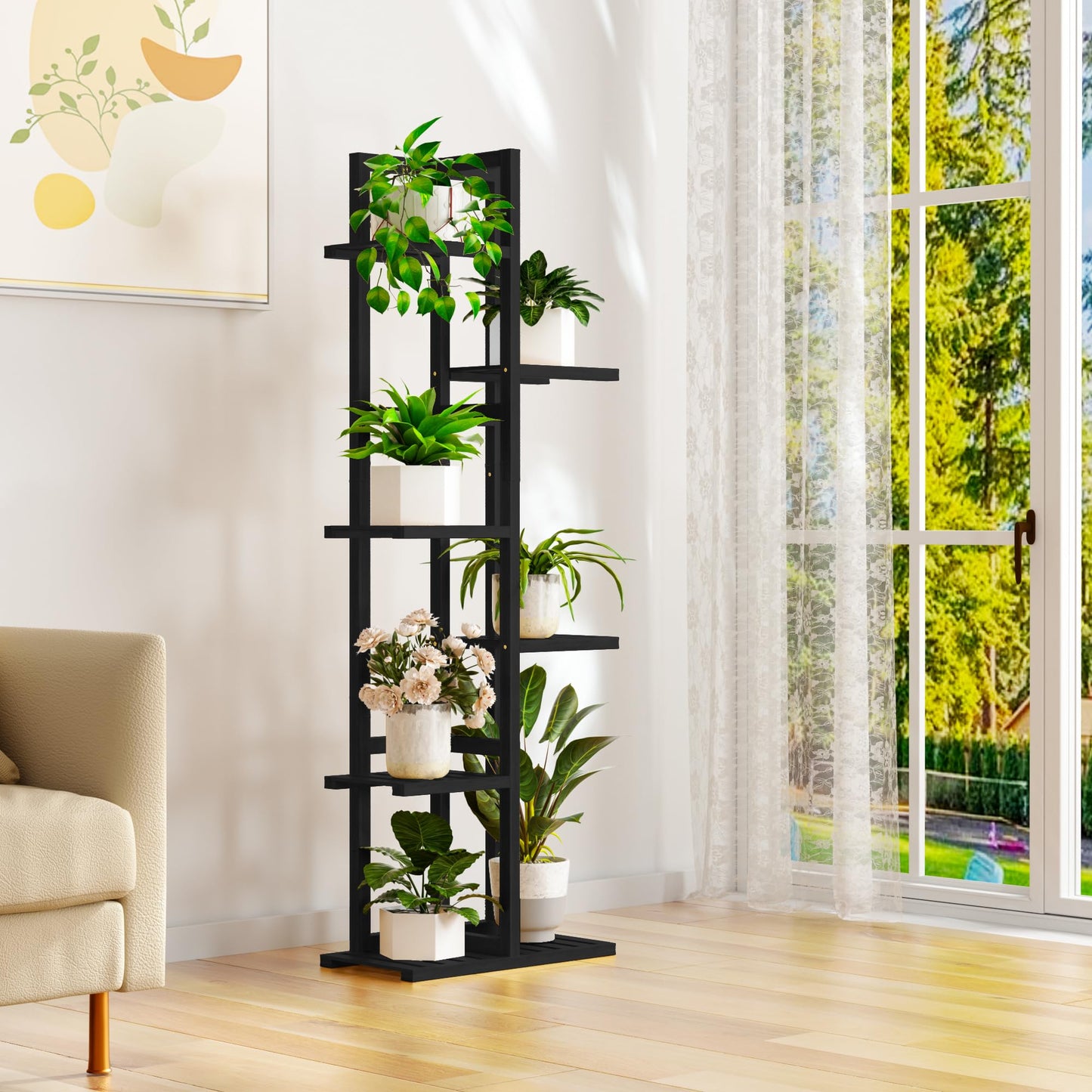 ROMGUAR CRAFT 6 Tier Bamboo Plant Stand Indoor, Wood Tall Flower Holder Corner Tiered Plant Shelf for Multiple Plants (Black)