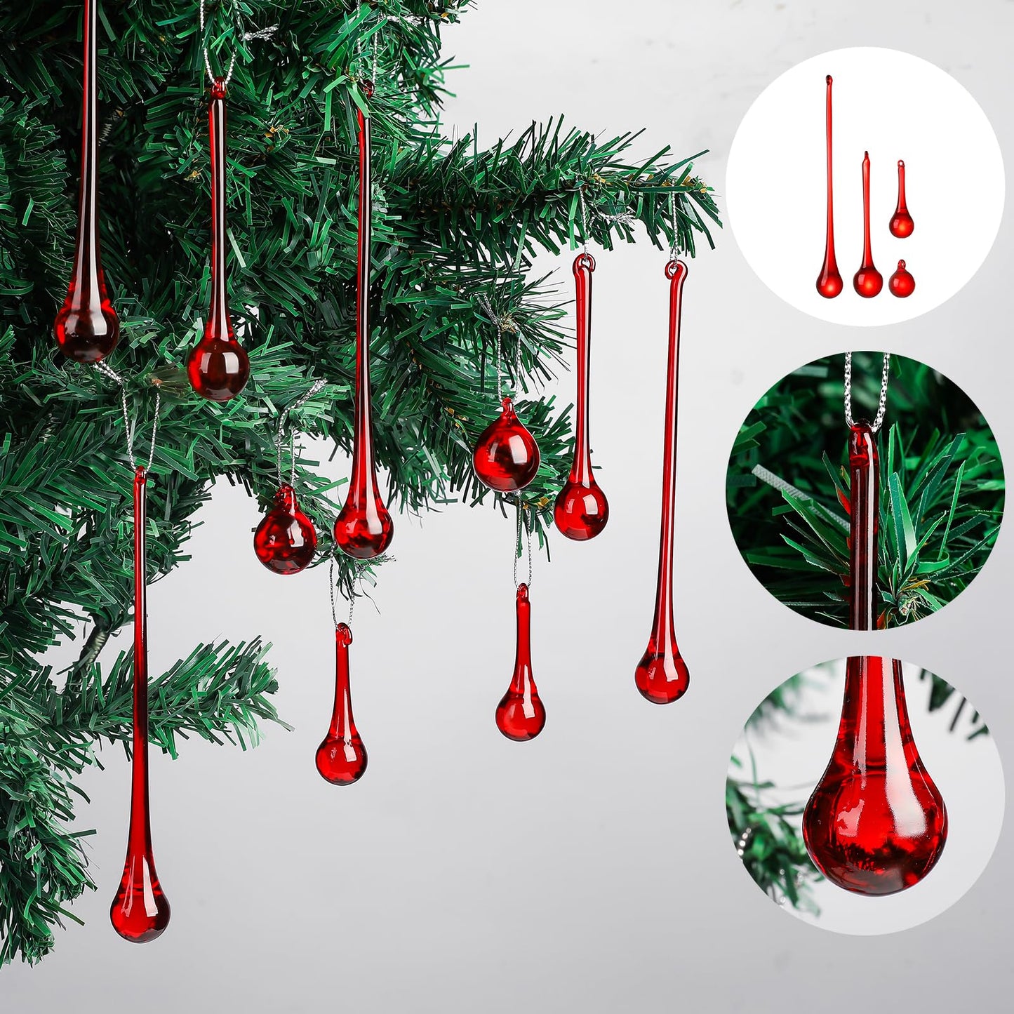 LONGWIN 40pcs Red Crystal Glass Teardrop Ornaments for Christmas Tree, Chandelier Crystals Replacement Parts, 4 Styles Xmas Raindrop Centerpiece Decor