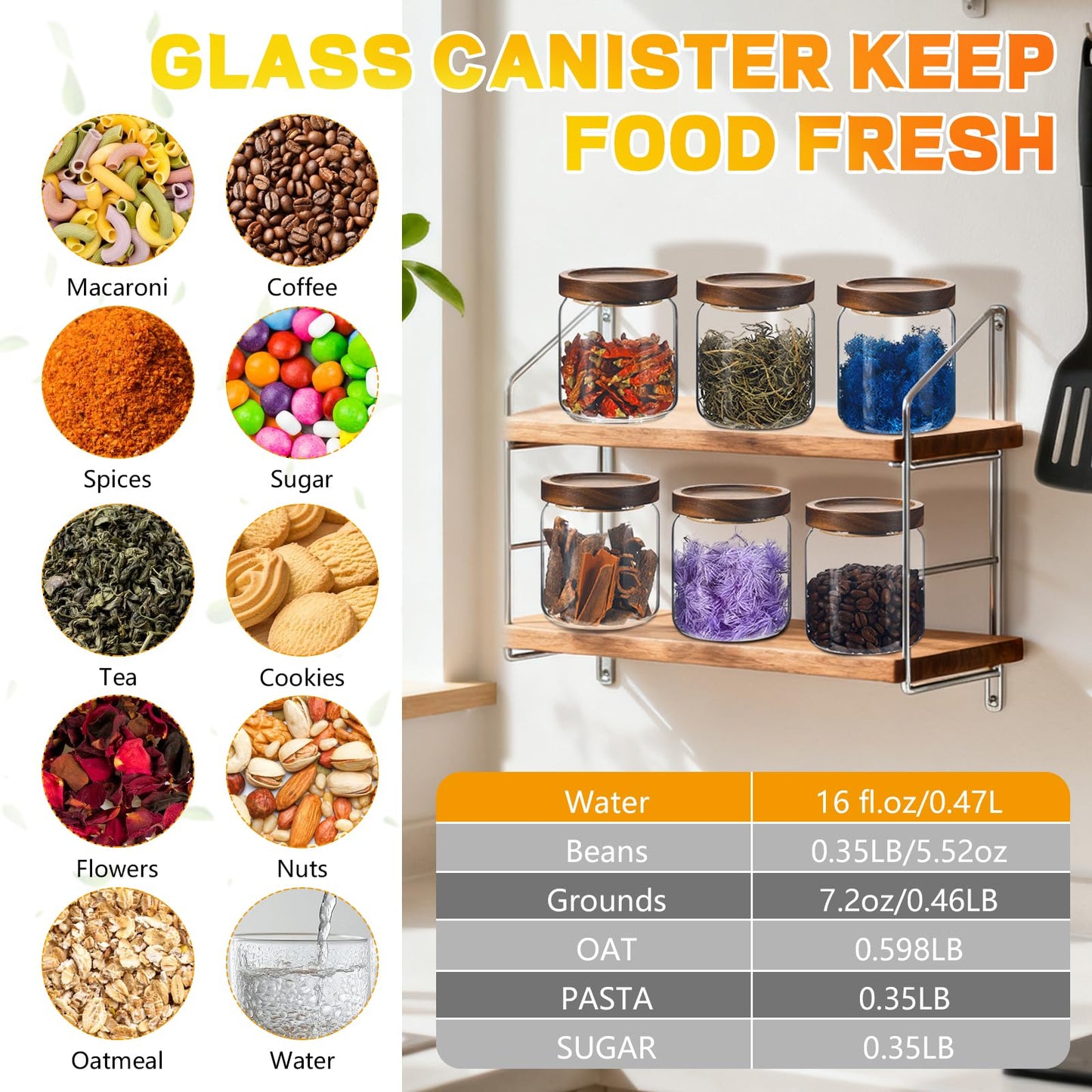 Glass Spice Jars Seasoning Containers Small Glass Jars with Lids Airtight Food Storage Canister for Kitchen Pantry Sugar Tea Coffee Bean Nuts Cookies Herbs Salt (16oz/473ml*6 pack)