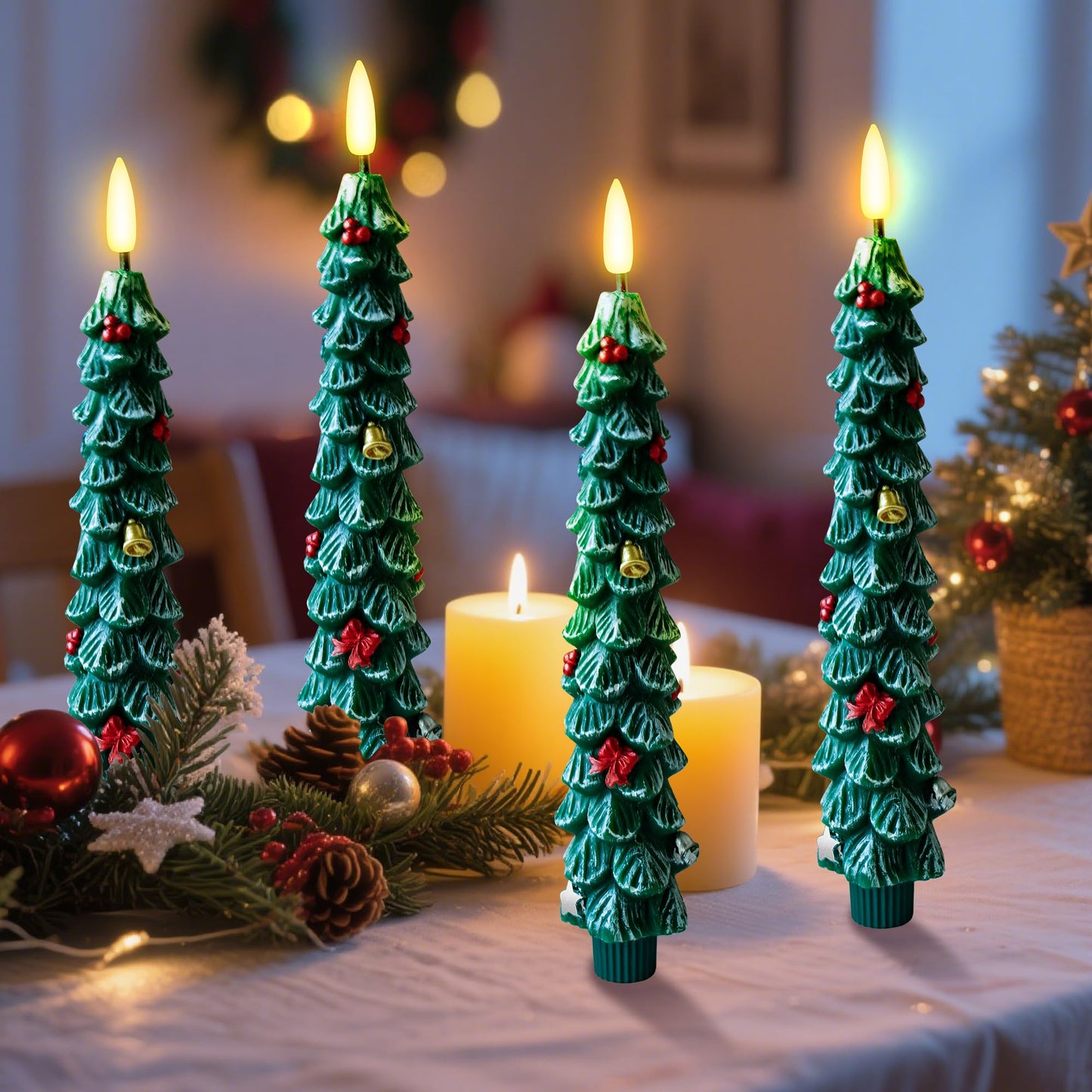 ZIVASA 3 Pack Flameless Christmas Tree Candles, 9.8 Inchs Christmas Taper Candles with Remote and 24H Cycle Timer, Real Wax Christmas Tree LED Candle 3D Flame for Tabletop, Windows, Fireplace Decor