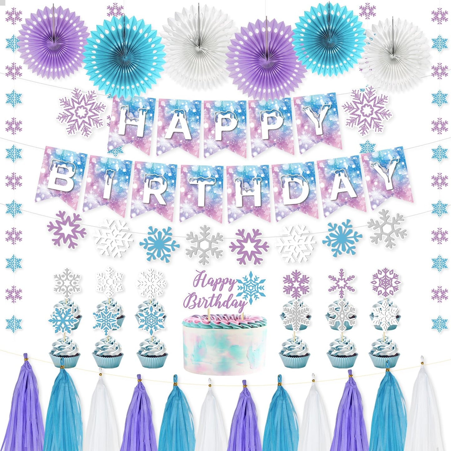 LakPty Frozen Party Decorations, Blue Purple White Snowflake Theme Birthday Decor Kit with Banner, Garlands, Cake Topper, Paper Fans, Tassels Decors for Boys Girls Winter Holiday Party Supplies