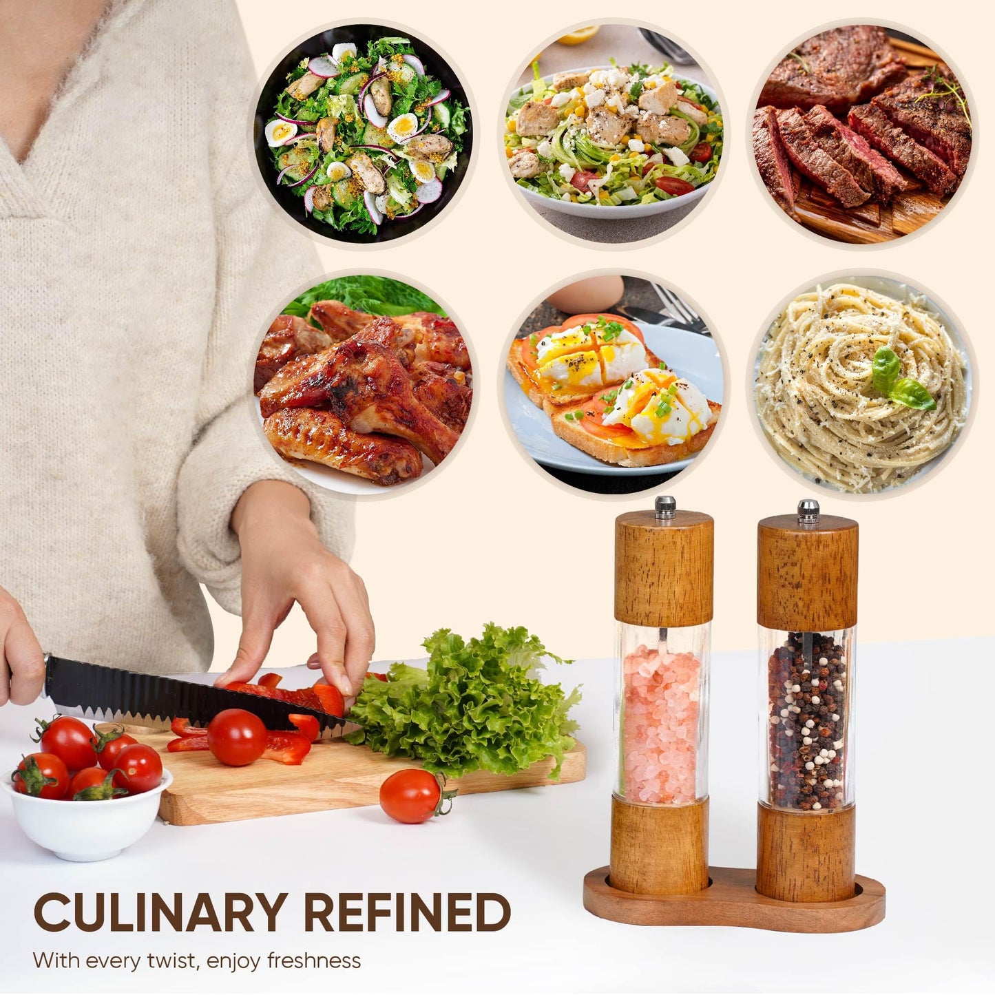 Wooden Salt and Pepper Grinder Set | 8-Inch Manual Acrylic Mills with Adjustable Ceramic Grinding Mechanism | Includes 2 Grinders + Wood Base | Premium Salt and Pepper Grinders by BING-US