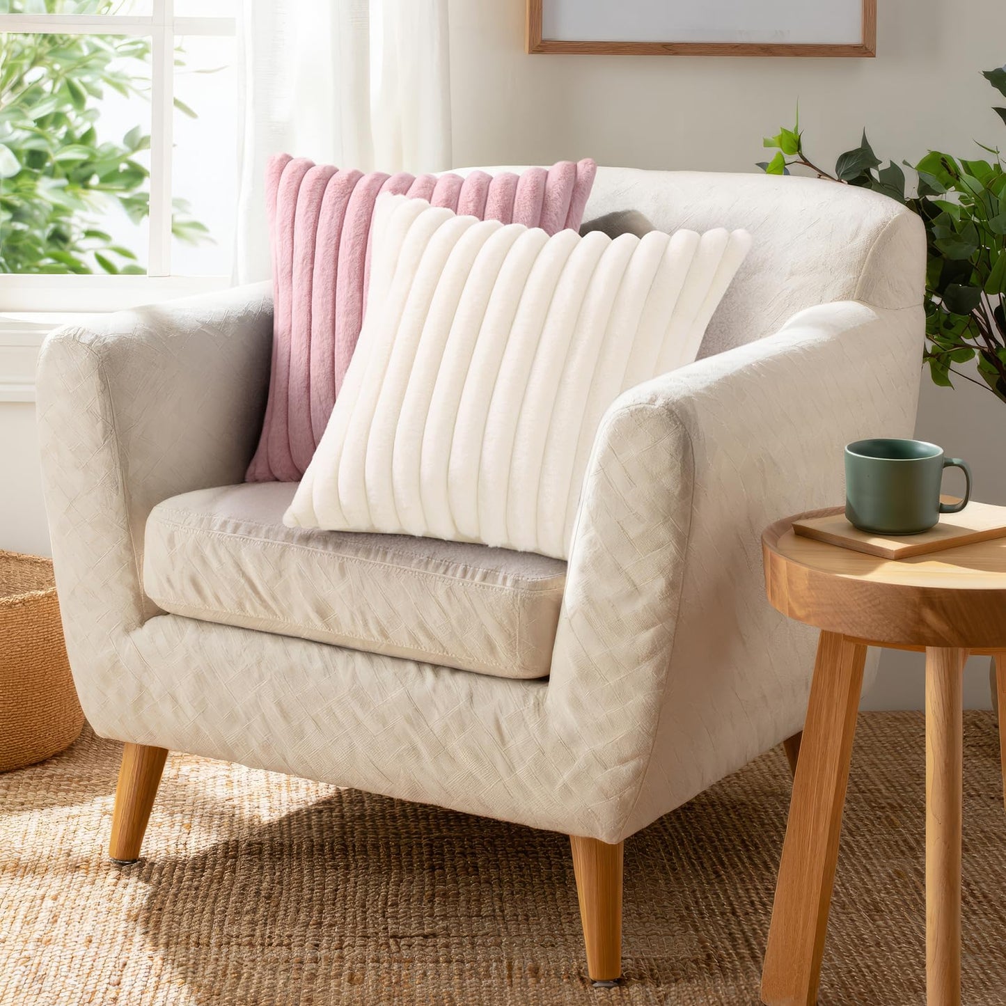 Pallene Faux Fur Plush Christmas Throw Pillow Covers 18x18 Set of 2, Luxury Soft Fluffy Striped Decorative Pillow Covers for Sofa, Couch, Living Room, Cream White