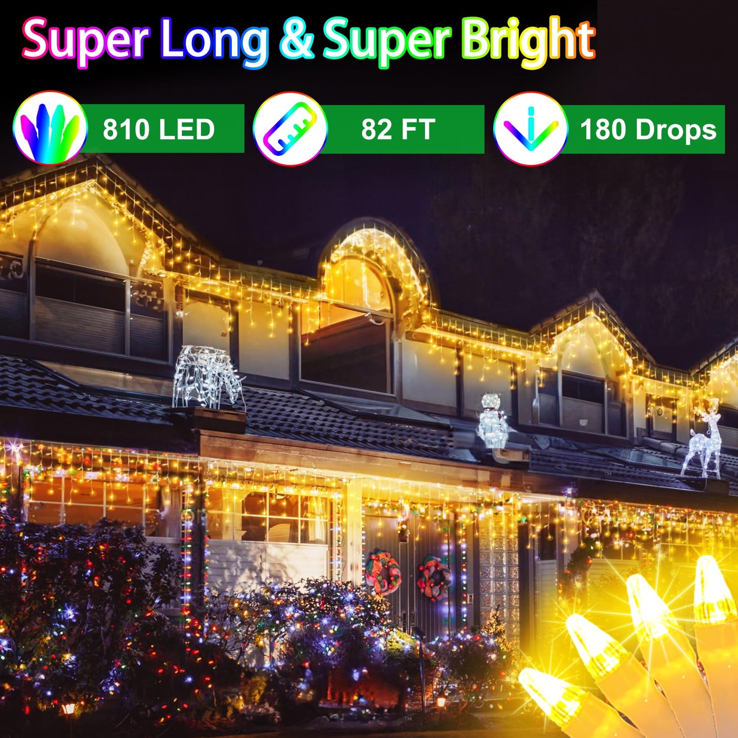 82FT 810 LED Outdoor Christmas Lights - 180 Ice Drops, 12 Pro Modes with Timer Memory & Brightness, Waterproof Hanging Ice String Light for Holiday Wedding Garden Fence House Decor (Warm White)