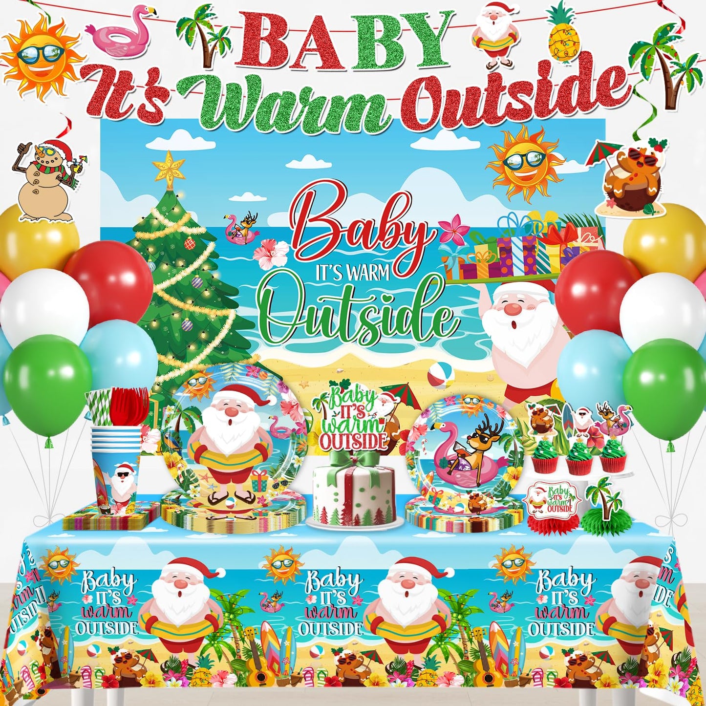 Christmas in July Decorations, Baby It's Warm Outside Party Decor - 196PCS All-in-One Set, Serves 25, Tableware Kit with Banner, Backdrop, Tablecloth, Balloons & Cupcake Toppers