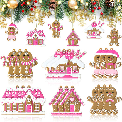 Threehoney 18 Pcs Pink Gingerbread Man Ornaments for Christmas Tree Pink Gingerbread House Candy Cane Pendant Charm Cute Plastic Christmas Decoration Hanging Party Decor for Xmas Winter Party Supplies