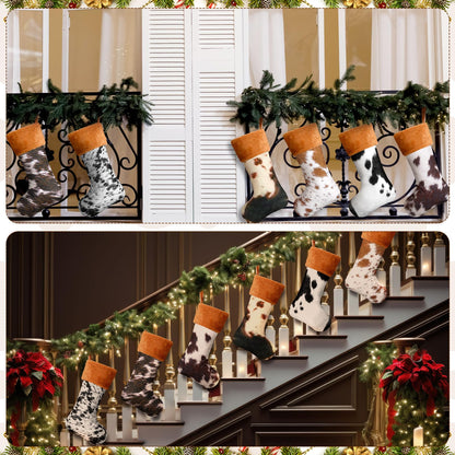 Glimin 6 Pack Cow Print Christmas Stockings 20 Inch Large Plush Xmas Animal Cuff Stockings Hanging Ornaments Socks for Western Fireplace Mantel Stairway Decorations(Brown Cuff)