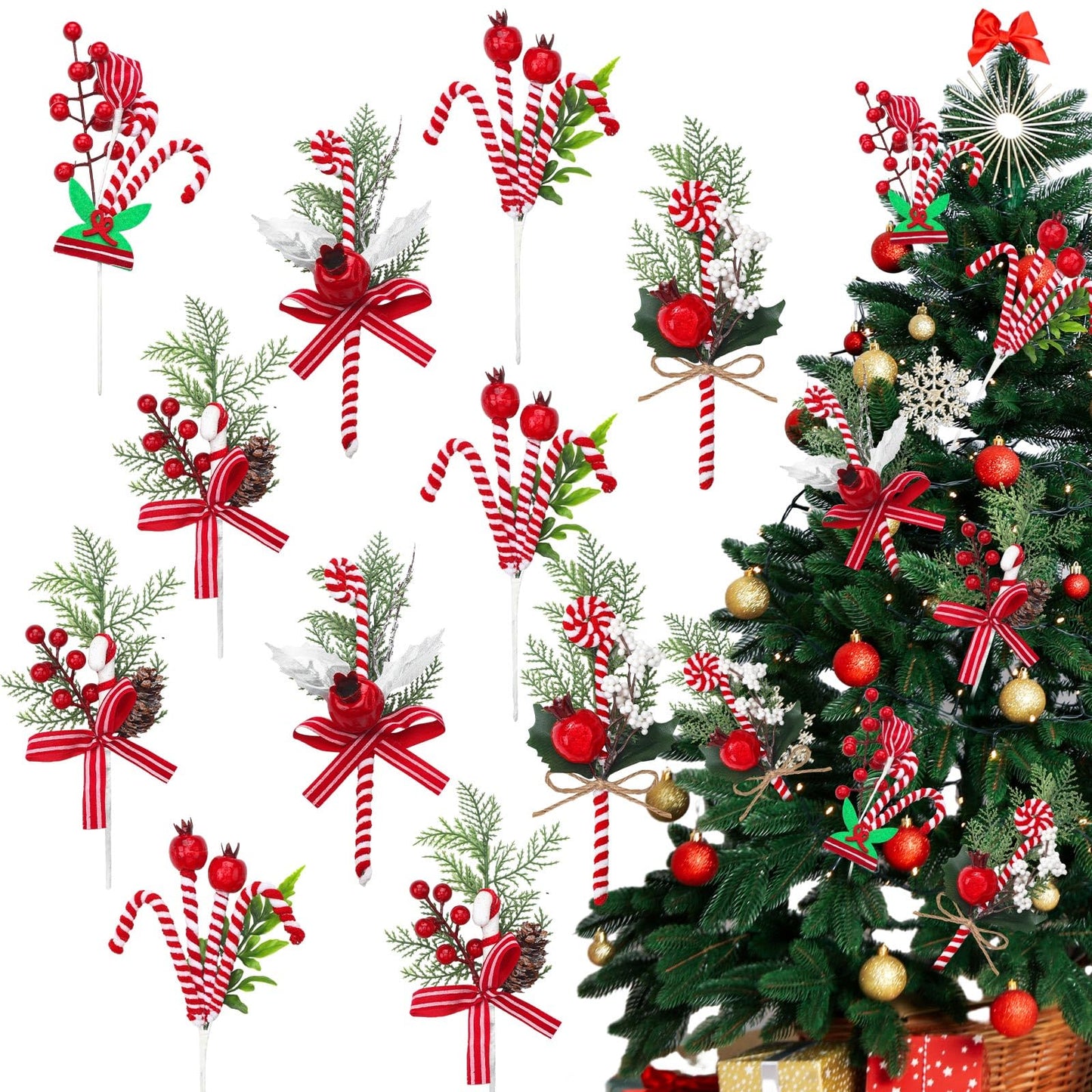Thiccywoov 20 Pcs Christmas Candy Cane Picks 10 Inch Peppermint Red and White Tree Ornaments Christmas Tree Branches Toppers for Xmas Vase Filler Holiday Wreath DIY Craft Party Decor (Classic Style)