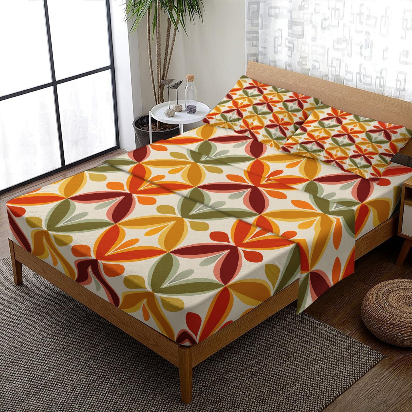 NOGAWA Retro Geometric Sheets King Size, 70s Bed Sheets, Colorful Bedding Sheets, Pillowcases 4 Piece Set, Microfiber Deep Pocket Fitted Sheet, Flat Sheet, 2 Pillow Cases