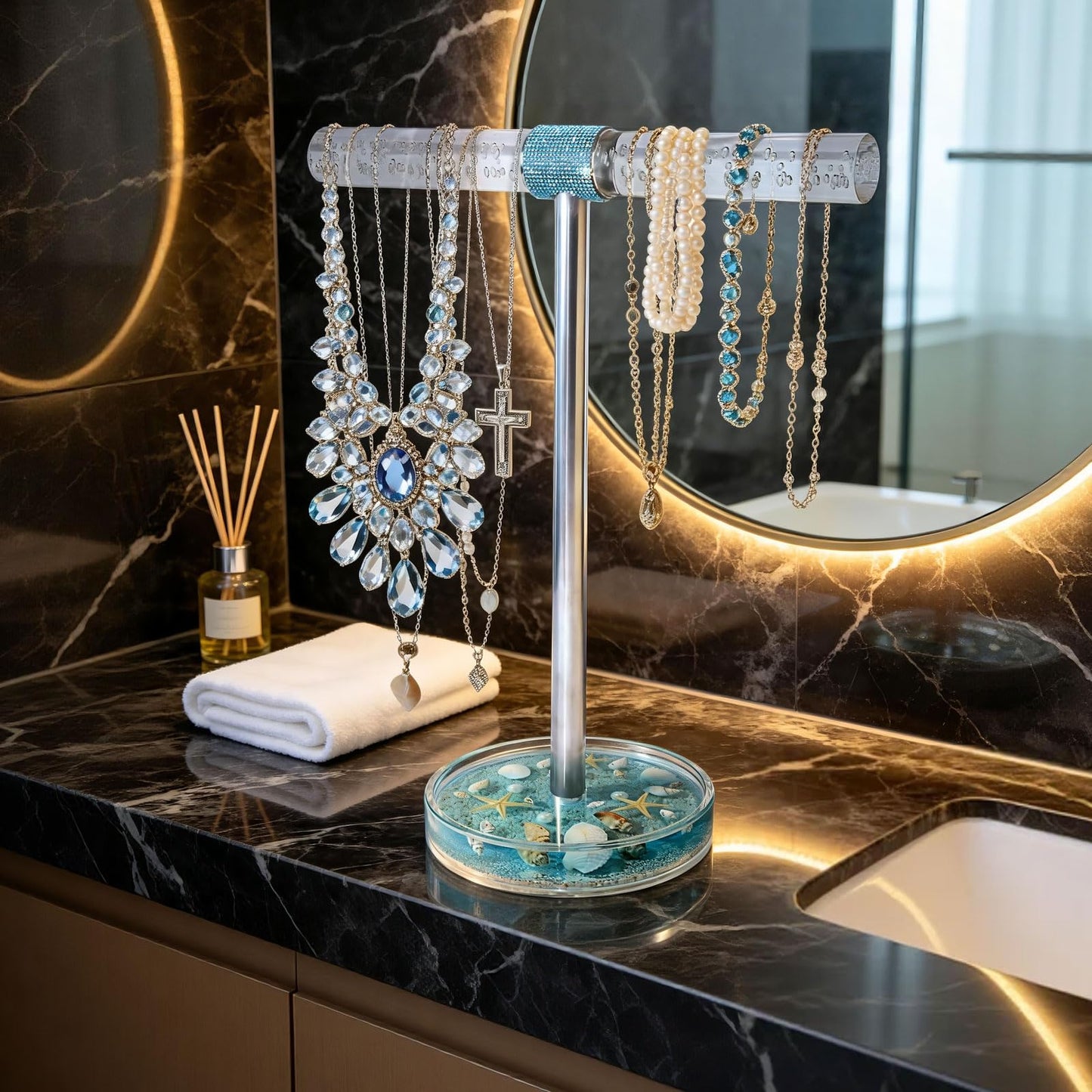 FONMY Jewelry Organizer Countertop Acrylic w/Nature Seashell Handmade,Seascape Standing Jewelry Holder W/Blue crystal for Bedroom Bathroom w/Weighted Base,Unique Gifts