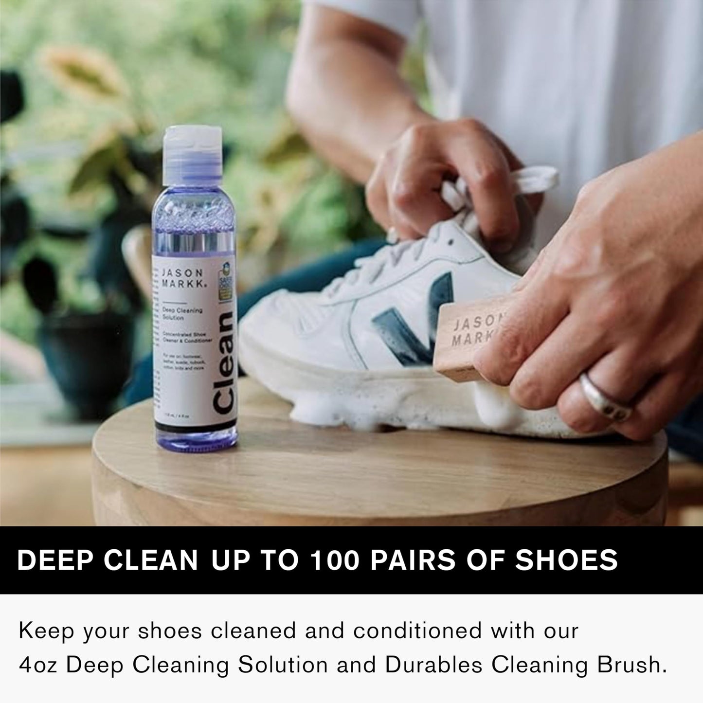 Jason Markk Essential Kit, Shoe Cleaner, Trainers Care, 2-Piece Set, Deep Cleaning Solution & Durables Brush, Ideal for Footwear, Full Grain Leather, Rubber, and more, 4oz