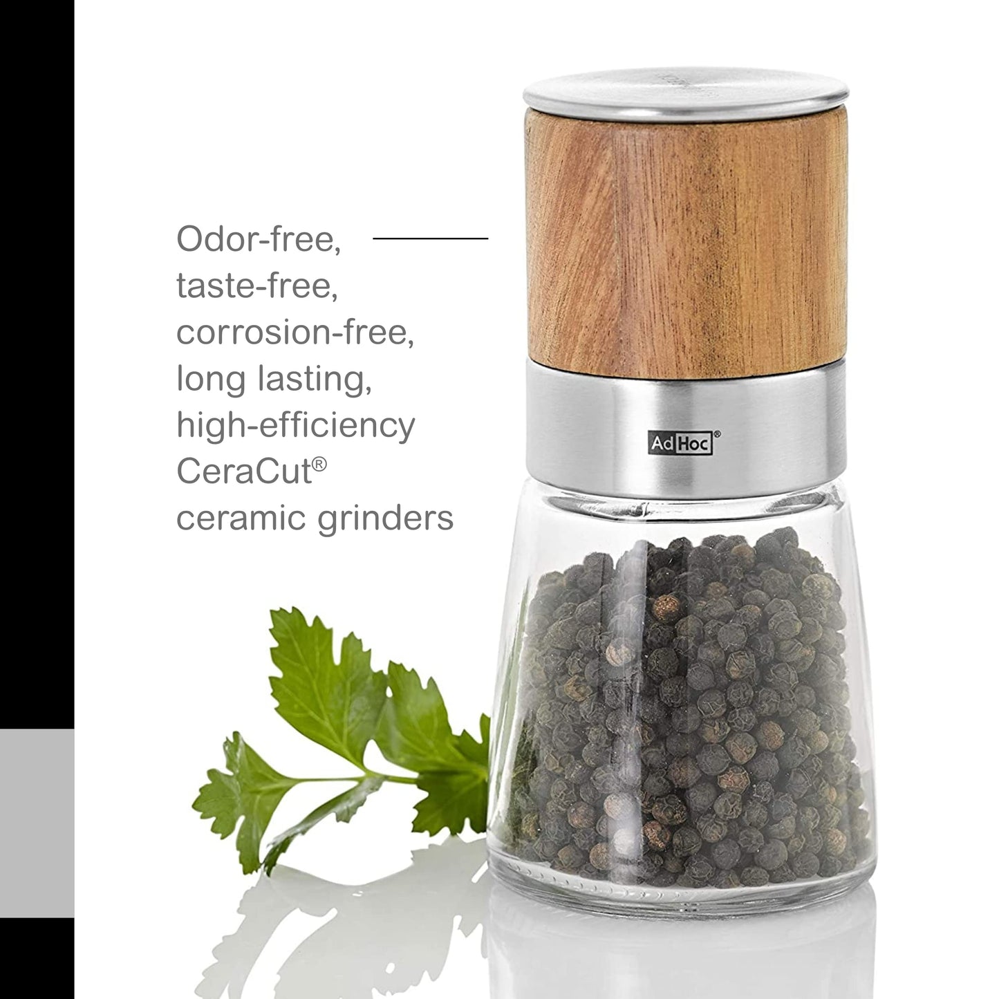 AdHoc Akasia Wood Salt or Pepper Mill - Salt & Pepper Seasoning Mill - Manual & Adjustable Grinder for Modern Kitchens