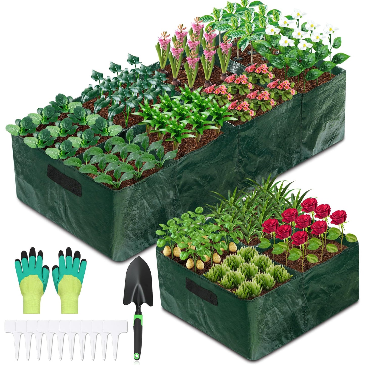 LifeisLuck Fabric Raised Garden Bed, 2 Pack 8 Grids and 4 Grids, 128 Gallon Rectangle Grow Bags with Drainage Holes, Breathable PE Planting Containers for Outdoor Vegetables Fruits Flowers