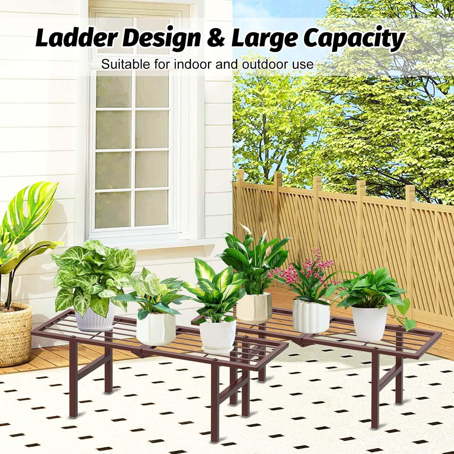 jsyonii 2 Pack Metal Plant Stand Outdoor Indoor, 1 Tier Folding Tiered Flower Plant Shelf, Heavy Duty Ladder Multiple Pot Display Plant Rack for Patio Garden Balcony Windowsills, Brown