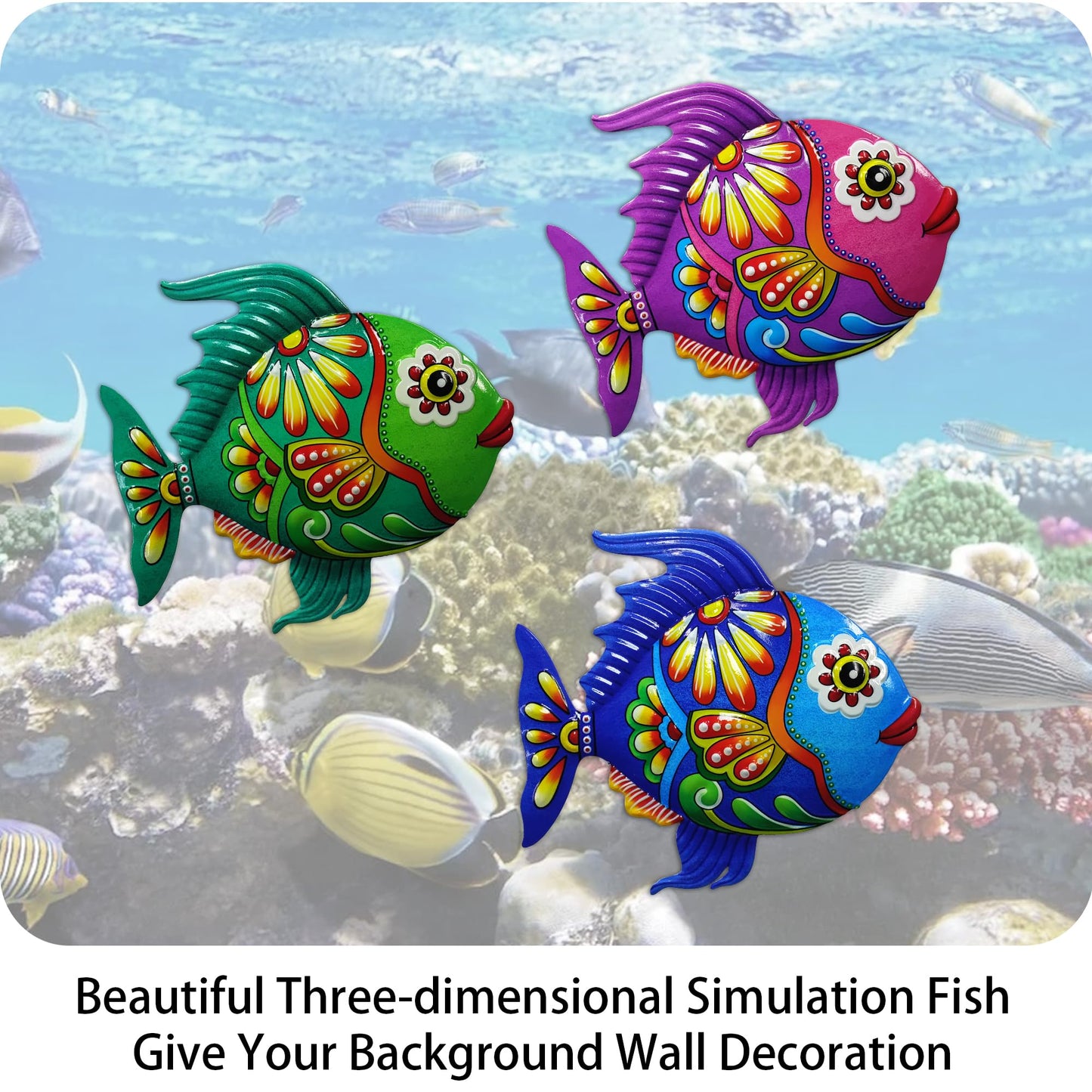 John's Studio Metal Fish Sea Wall Decor Outdoor Garden Hanging Art Sculptures Home Ocean Theme Decorations for Kitchen Bathroom and Pool - 3 PCS
