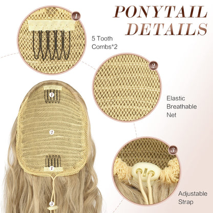 FESHFEN Long Curly Wavy Drawstring Ponytail Extensions Clip in Wavy Synthetic Hairpieces Ash Blonde Drawstring Ponytail Curly Hair Piece Pony Tail Extension for Women, 26 inch