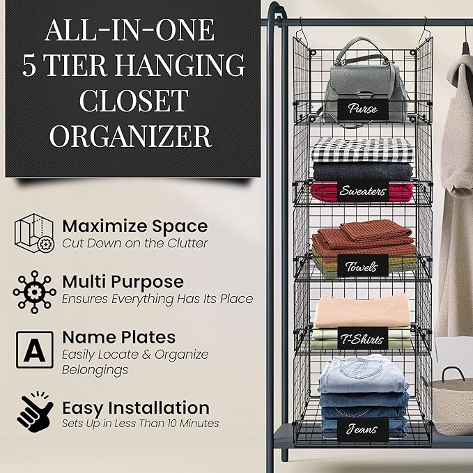 DECOLURE 5-Tier Adjustable Hanging Closet Organizer – Maximize Hanging Storage