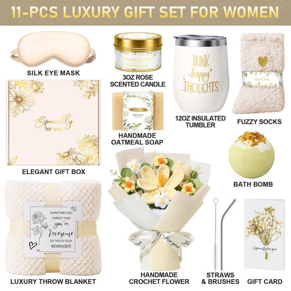 Birthday Gifts for Women, Gift Baskets for Women Self Care Spa Set, Get Well Care Package Inspirational Relaxation Mothers Day Gifts with Crochet Flower Bouquet for Mom Friend Sister