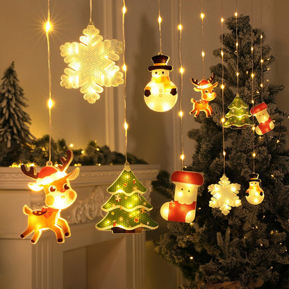 BLOOMWIN Window Lights Christmas Decor - 9.8ft LED Xmas Window Lights Indoor Curtain String Lights - 3D Hanging Christmas Novelty Decorations Bay Window Bedroom Snowflakes Snowman