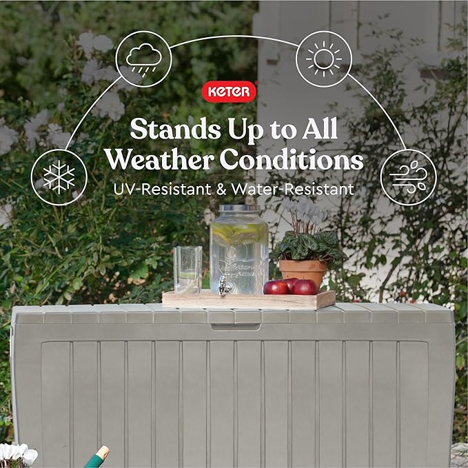 Keter Marvel Plus 71 Gallon Resin Outdoor Storage Box for Patio, Balcony & Garden – Weather‑Resistant Deck Box for Cushions, Pillows, Pool Floats & Tools, Beige
