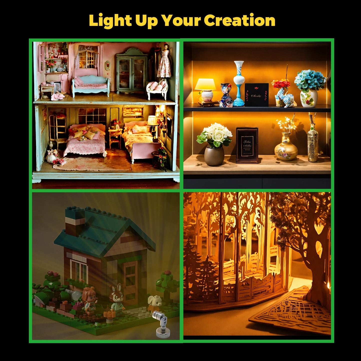 Suzeyar Metal Miniature LED Lights,Tiny Spot Light with Magnet Base,Battery Operated LED Lights,Wireless Miniature Spot Light for Artwork Painting,Jewelry Showcase,DIY Hand Craft (Green)